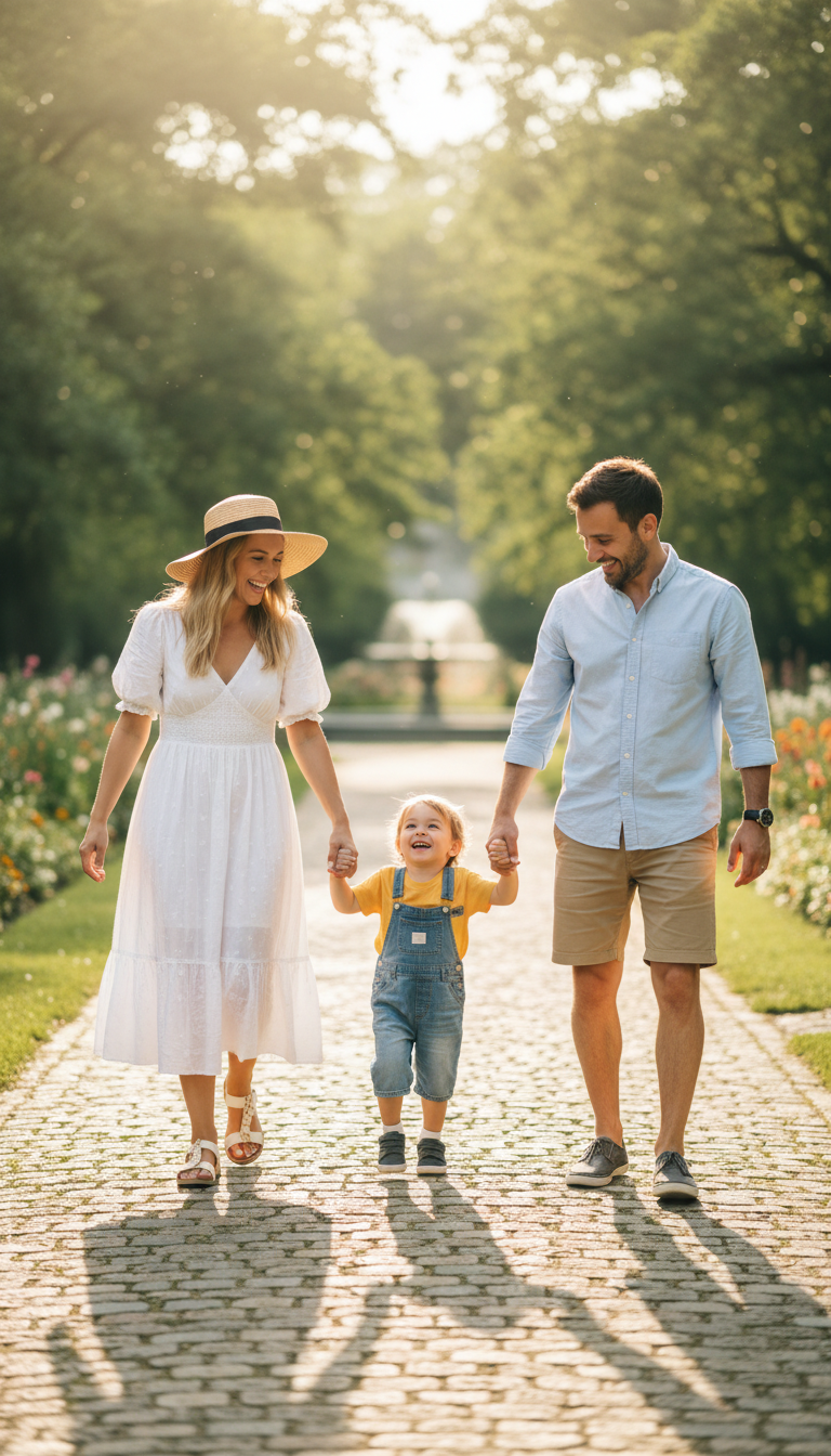 zdjęcie dziecka idącego za ręce z dwójką rodziców (rodzina w ruchu, pogodny dzień)