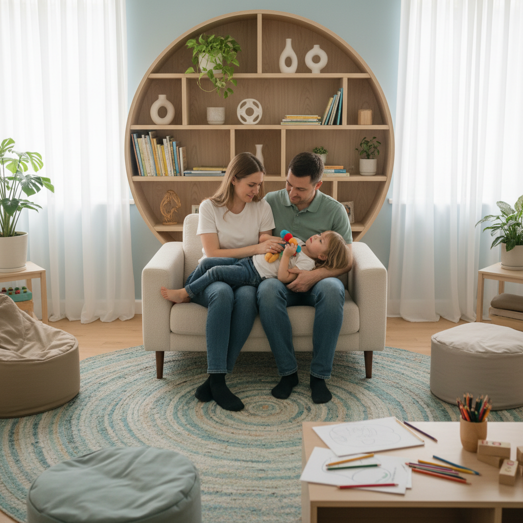 rodzice z dzieckiem na kolanach w przestrzeni terapeutycznej