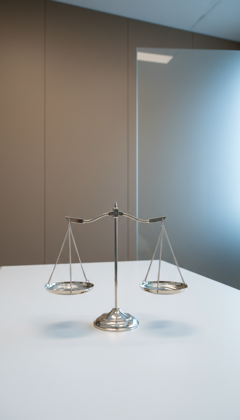 A polished silver scale of justice positioned on an uncluttered matte white desk, with a backdrop of smooth taupe wall panels and a frosted glass privacy screen. Subtle, cool-toned daylight filters from overhead, creating gentle highlights on the metallic surfaces and smooth even shadows below. The image is captured at an eye-level angle with a centered composition, conveying fairness and impartiality in an organized, corporate environment. The mood is calm and reassuring, aligning with a professional photographic aesthetic and the clean, modern personality of a mediation services site.